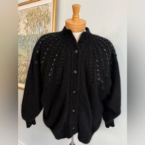 Vintage Beaded Angora Blend Sweater – Black Embellished Cardigan